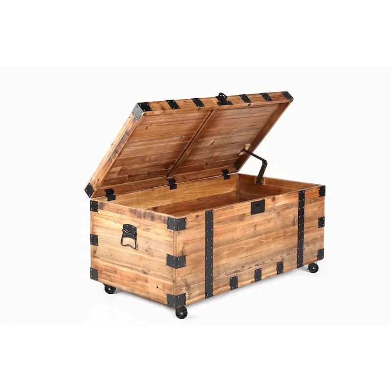 Truhentisch mit vier Rollen, großer Stauraum, Couchtisch, Natur-Recyclingholz/schwarzes Metall