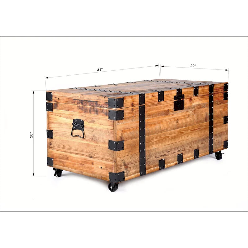 Truhentisch mit vier Rollen, großer Stauraum, Couchtisch, Natur-Recyclingholz/schwarzes Metall