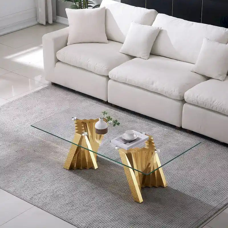 Couchtisch mit Tischplatte aus gehärtetem Glas und Edelstahlgestell in Goldspiegeloptik