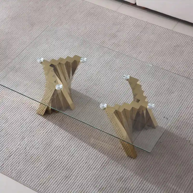 Couchtisch mit Tischplatte aus gehärtetem Glas und Edelstahlgestell in Goldspiegeloptik