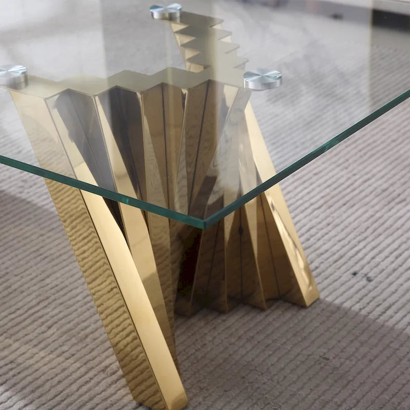 Couchtisch mit Tischplatte aus gehärtetem Glas und Edelstahlgestell in Goldspiegeloptik