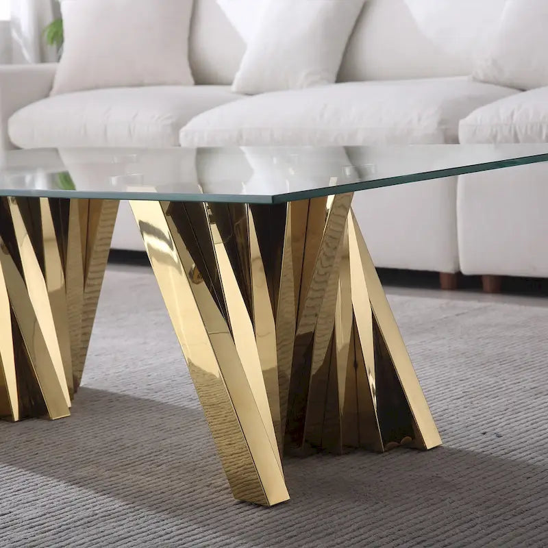 Couchtisch mit Tischplatte aus gehärtetem Glas und Edelstahlgestell in Goldspiegeloptik