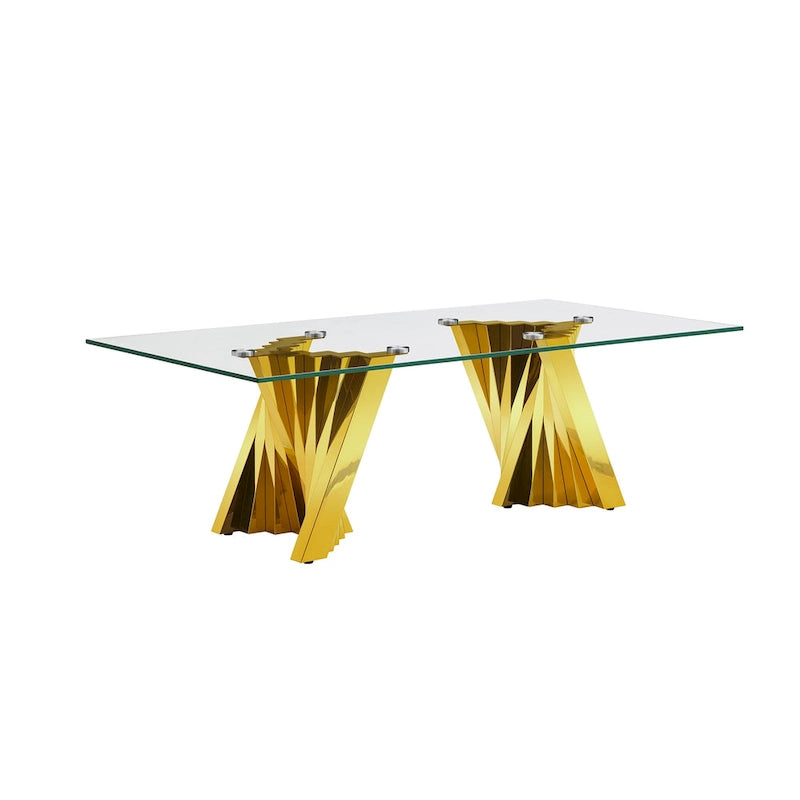 Couchtisch mit Tischplatte aus gehärtetem Glas und Edelstahlgestell in Goldspiegeloptik
