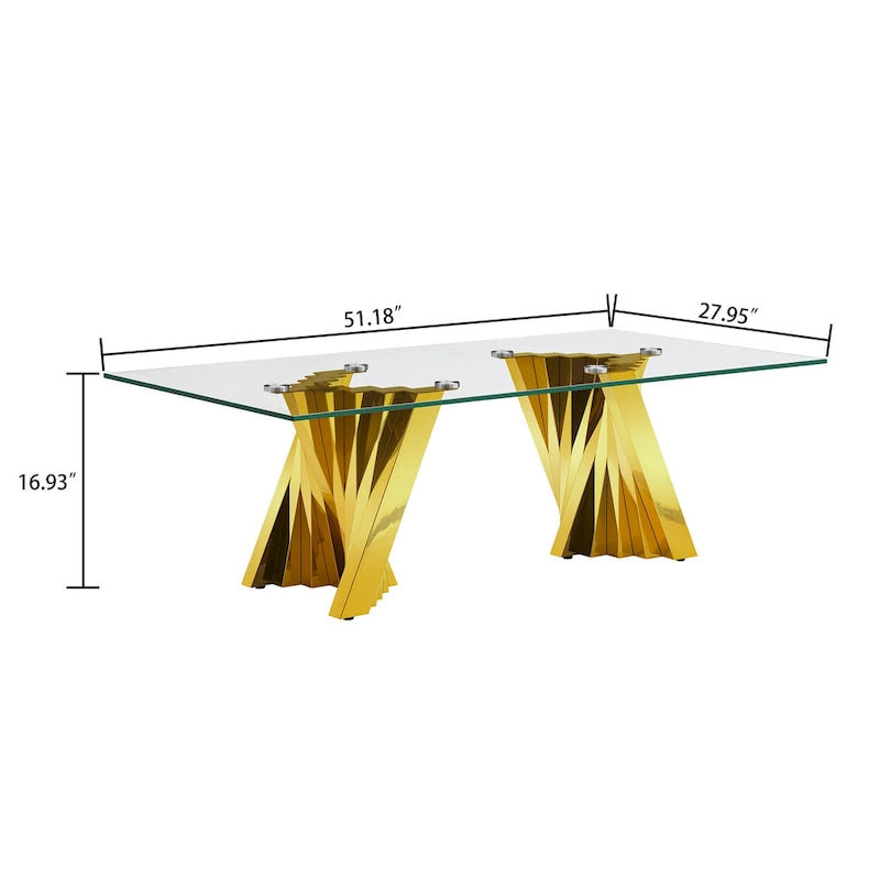 Couchtisch mit Tischplatte aus gehärtetem Glas und Edelstahlgestell in Goldspiegeloptik