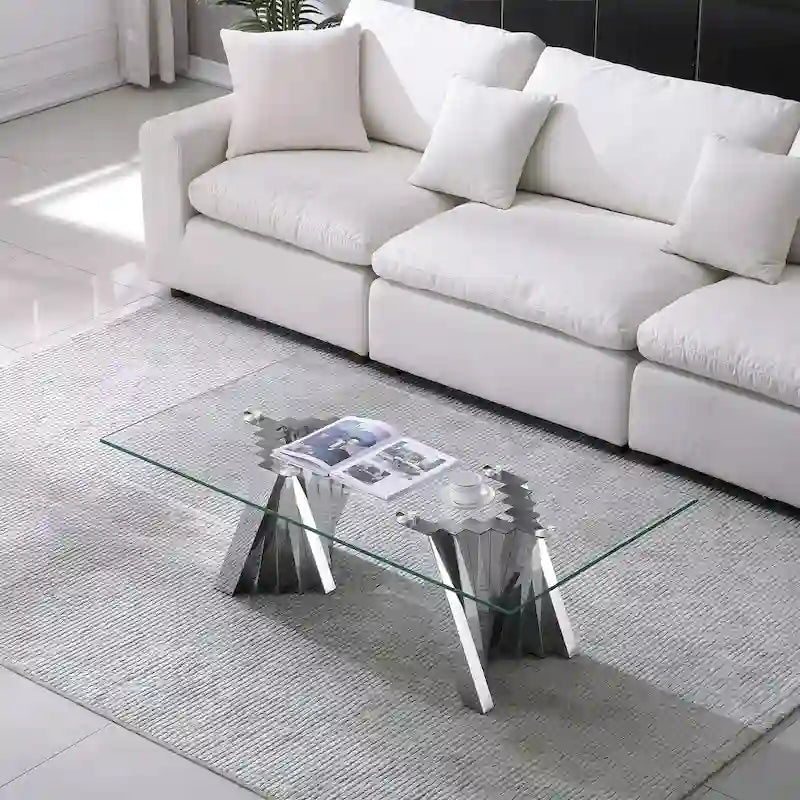 Couchtisch mit Tischplatte aus gehärtetem Glas und Edelstahlgestell in Goldspiegeloptik