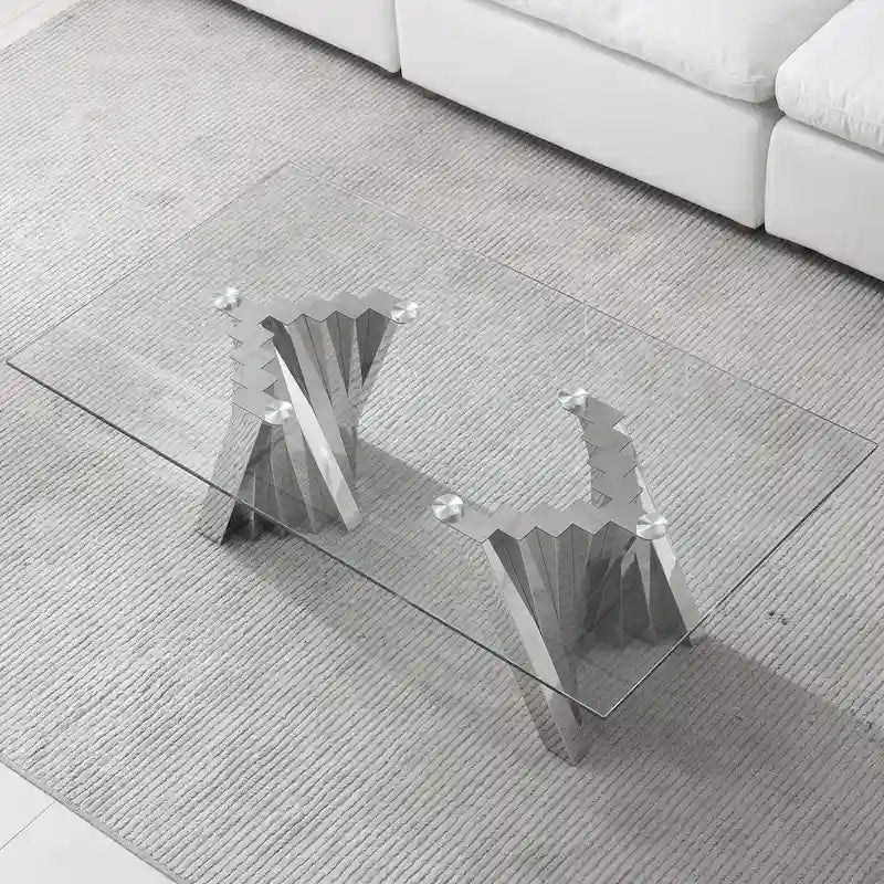 Couchtisch mit Tischplatte aus gehärtetem Glas und Edelstahlgestell in Goldspiegeloptik