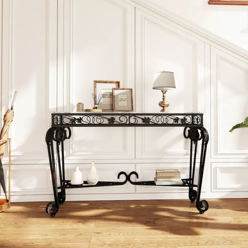 Moderner Glas- und Metalltisch, Konsolentische für den Eingangsbereich, Stabiler Flurtisch mit Stauraum, Sofatische mit einfacher Montage