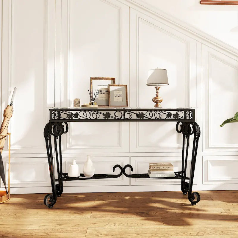 Modern Style Glass and Metal Table, Console Tables for Entryway, Sturdy Hallway Table with Storage, Easy Assembly Sofa Tables