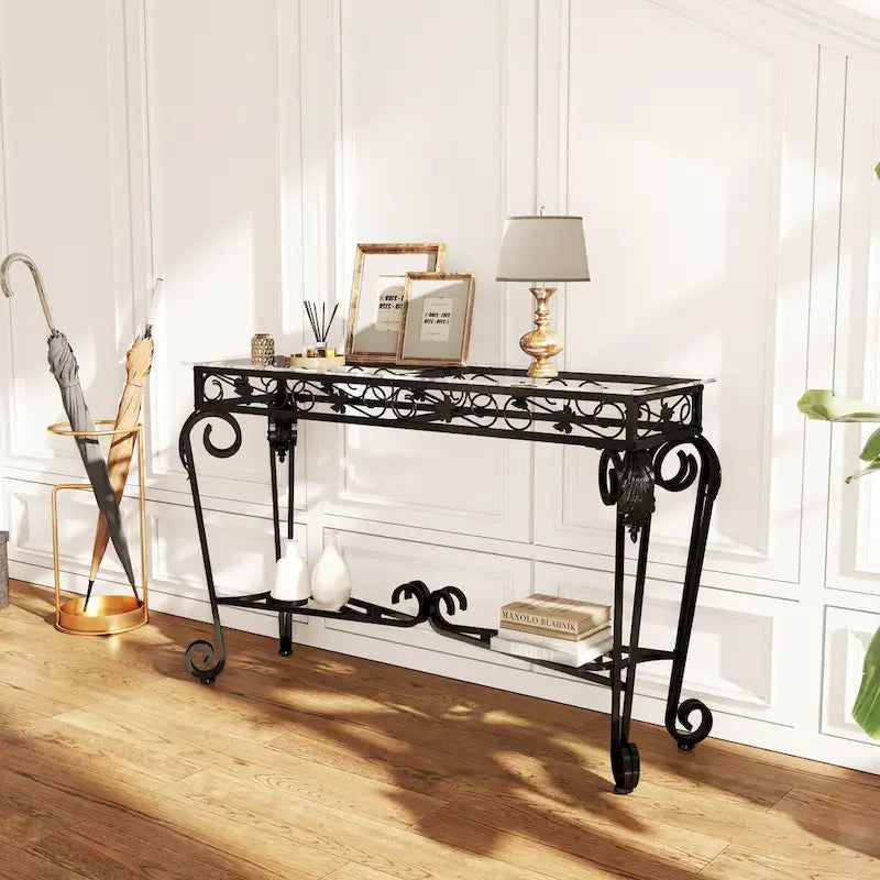 Moderner Glas- und Metalltisch, Konsolentische für den Eingangsbereich, Stabiler Flurtisch mit Stauraum, Sofatische mit einfacher Montage