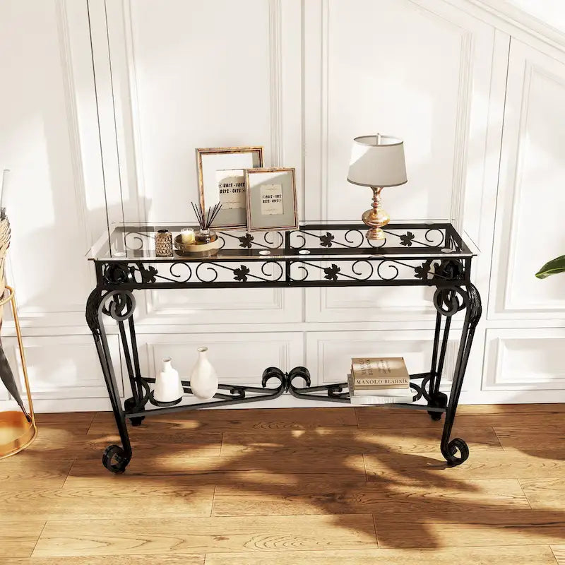 Moderner Glas- und Metalltisch, Konsolentische für den Eingangsbereich, Stabiler Flurtisch mit Stauraum, Sofatische mit einfacher Montage