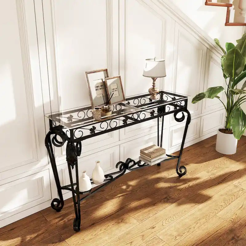 Moderner Glas- und Metalltisch, Konsolentische für den Eingangsbereich, Stabiler Flurtisch mit Stauraum, Sofatische mit einfacher Montage