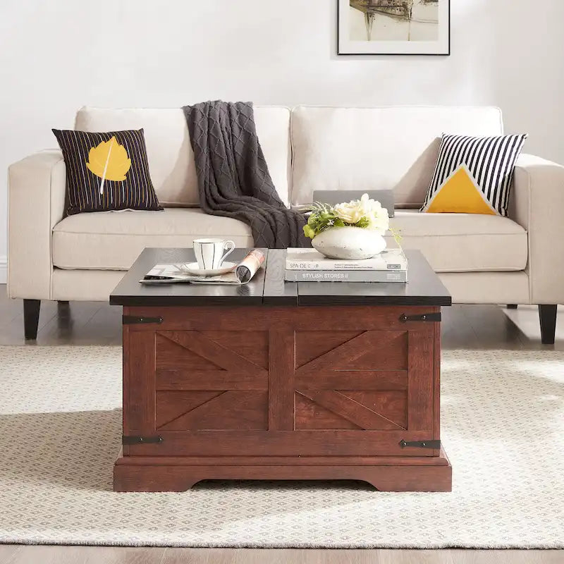Couchtisch, quadratischer Holztisch mit verstecktem Stauraum, Scheunen-Design, rustikaler Beistelltisch mit aufklappbarer Platte
