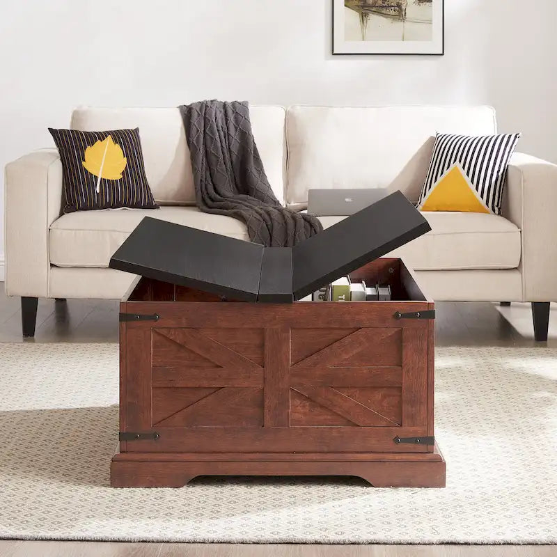 Couchtisch, quadratischer Holztisch mit verstecktem Stauraum, Scheunen-Design, rustikaler Beistelltisch mit aufklappbarer Platte