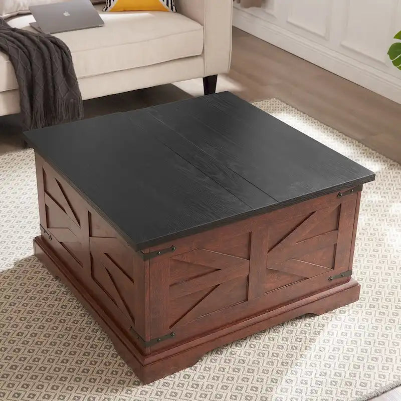 Couchtisch, quadratischer Holztisch mit verstecktem Stauraum, Scheunen-Design, rustikaler Beistelltisch mit aufklappbarer Platte