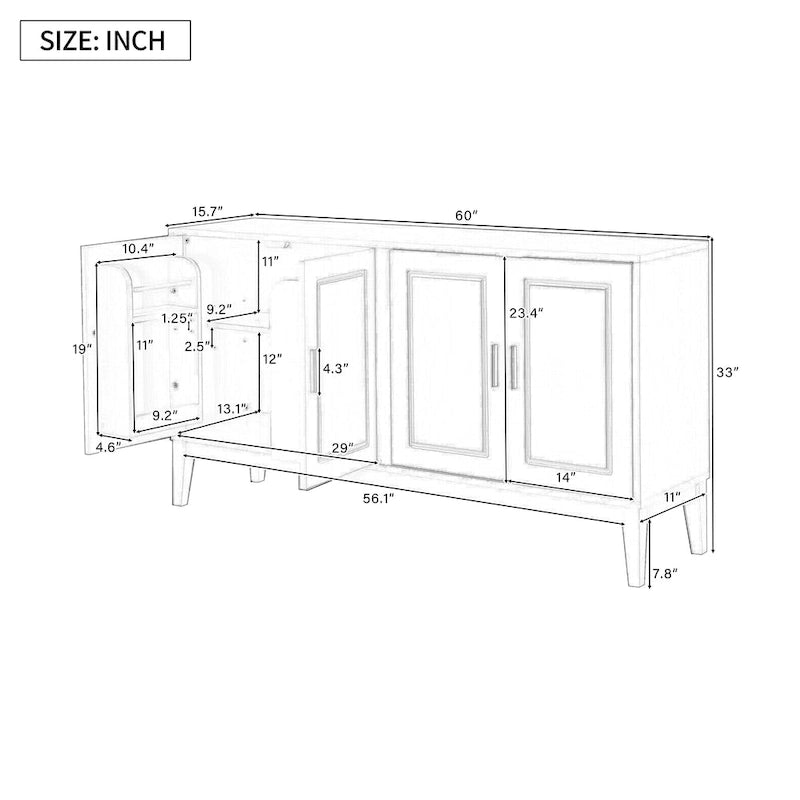 4-türiges Sideboard mit Ablagefach für Wohnzimmer, zwei große Schränke mit verstellbaren Einlegeböden
