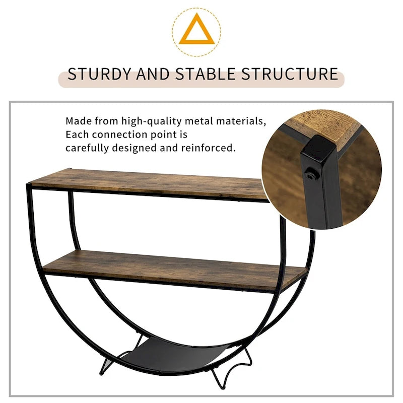 Rustikaler halbmondförmiger Konsolentisch aus strukturiertem Metall und Used-Holz