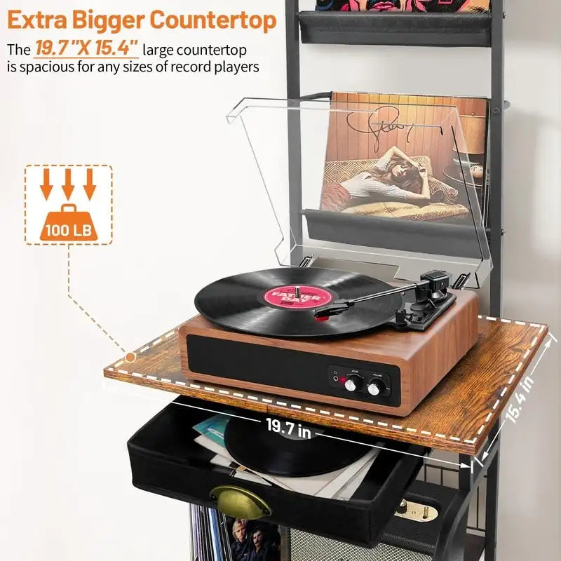 Plattenspielerständer mit Vinyl-Aufbewahrung – 13,8 L x 11,8 B x 56,7 H