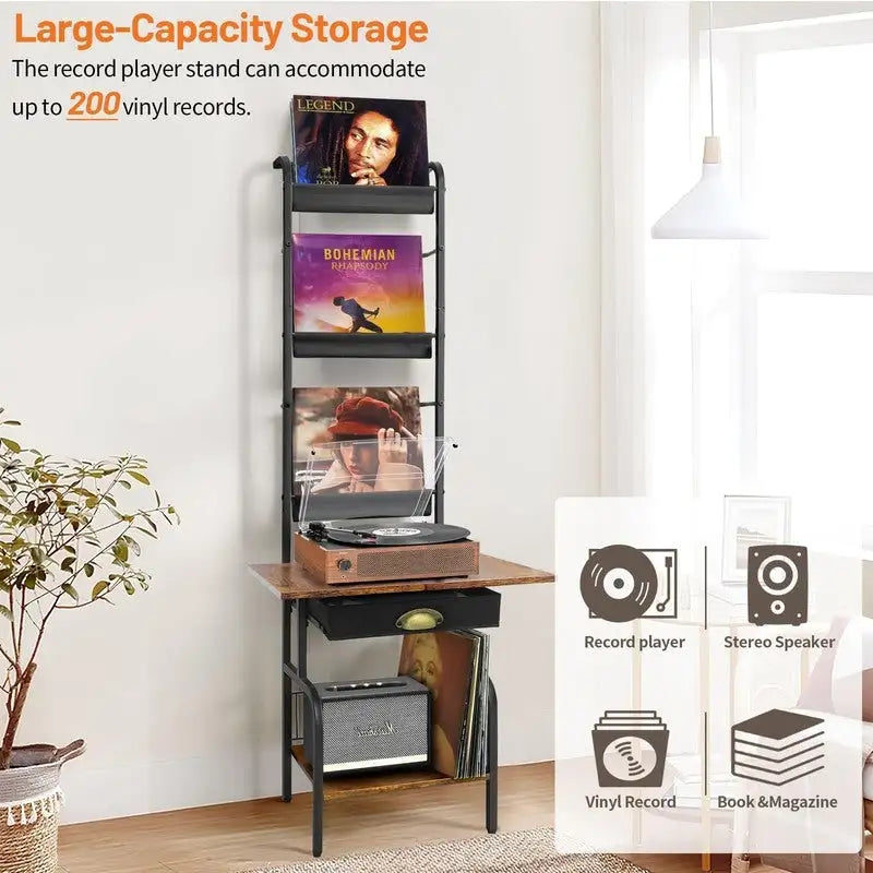 Plattenspielerständer mit Vinyl-Aufbewahrung – 13,8 L x 11,8 B x 56,7 H