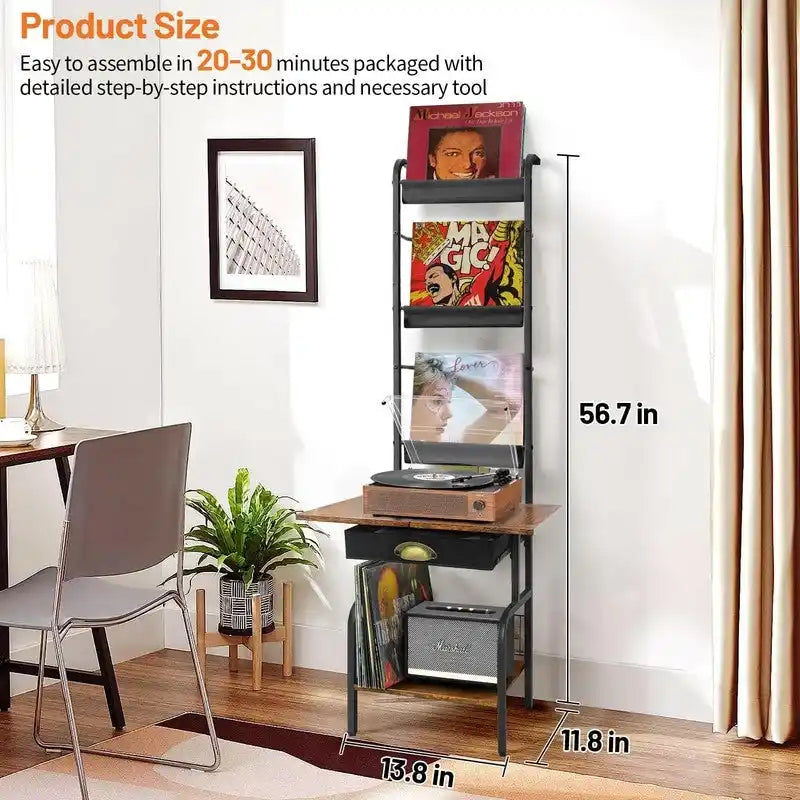 Plattenspielerständer mit Vinyl-Aufbewahrung – 13,8 L x 11,8 B x 56,7 H