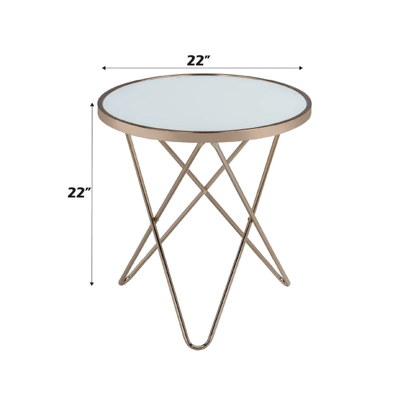 Runder Beistelltisch mit mattierter Glasplatte und champagnerfarbenem Finish, mit V-förmigem Metallgestell