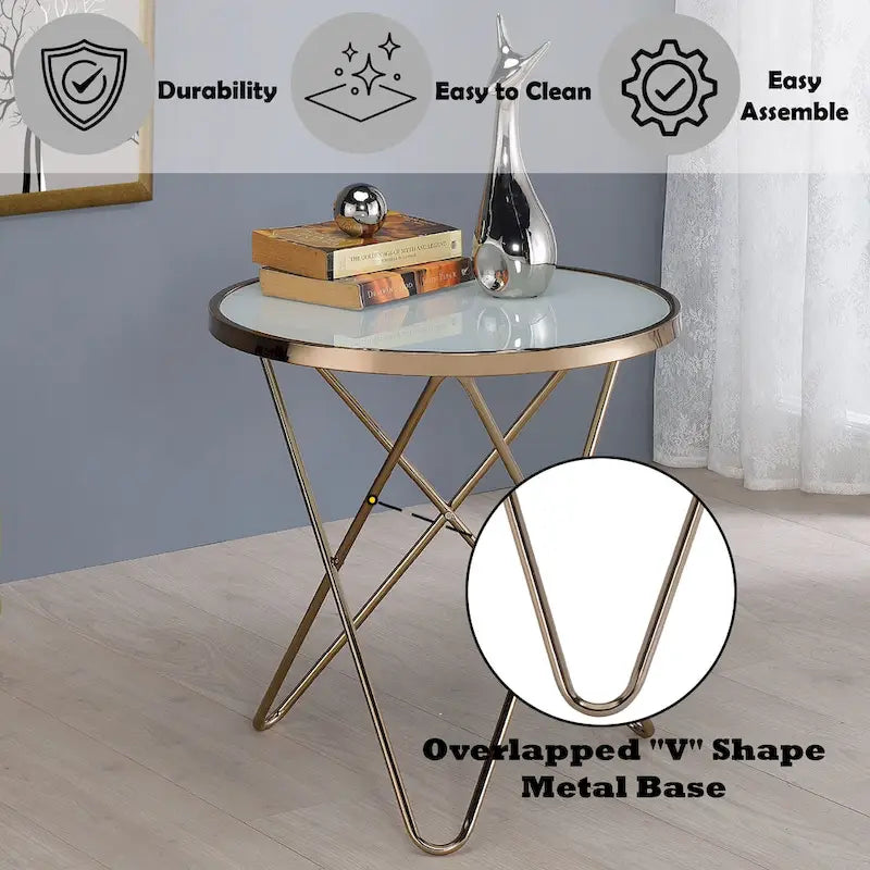 Runder Beistelltisch mit mattierter Glasplatte und champagnerfarbenem Finish, mit V-förmigem Metallgestell