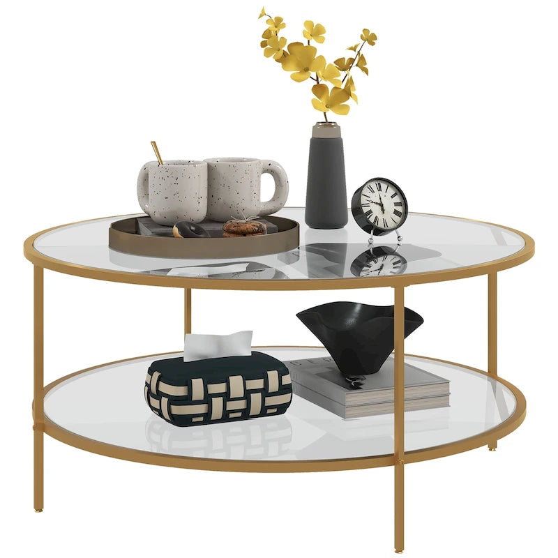 Beistelltisch mit Stauraum, runder Beistelltisch, 36 cm, Couchtisch aus gehärtetem Glas mit 2 Ablagen und Stahlrahmen für das Wohnzimmer, Gold