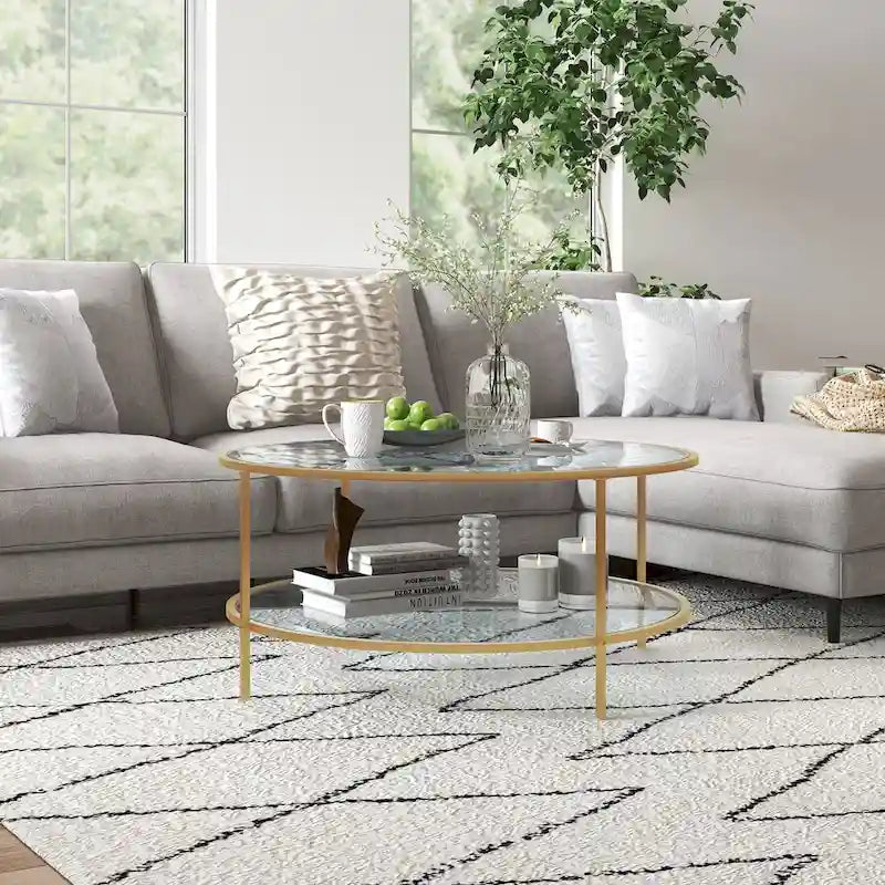 Beistelltisch mit Stauraum, runder Beistelltisch, 36 cm, Couchtisch aus gehärtetem Glas mit 2 Ablagen und Stahlrahmen für das Wohnzimmer, Gold