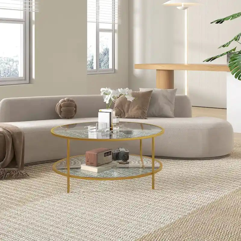 Beistelltisch mit Stauraum, runder Beistelltisch, 36 cm, Couchtisch aus gehärtetem Glas mit 2 Ablagen und Stahlrahmen für das Wohnzimmer, Gold