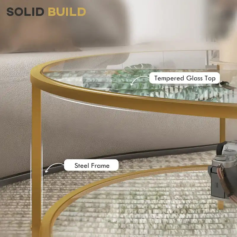 Beistelltisch mit Stauraum, runder Beistelltisch, 36 cm, Couchtisch aus gehärtetem Glas mit 2 Ablagen und Stahlrahmen für das Wohnzimmer, Gold