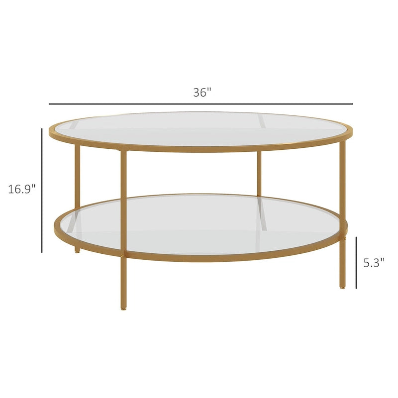 Beistelltisch mit Stauraum, runder Beistelltisch, 36 cm, Couchtisch aus gehärtetem Glas mit 2 Ablagen und Stahlrahmen für das Wohnzimmer, Gold