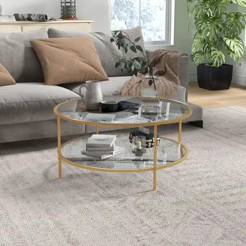 Beistelltisch mit Stauraum, runder Beistelltisch, 36 cm, Couchtisch aus gehärtetem Glas mit 2 Ablagen und Stahlrahmen für das Wohnzimmer, Gold