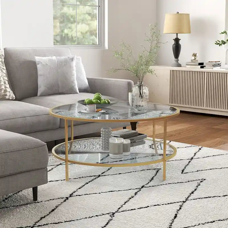 Beistelltisch mit Stauraum, runder Beistelltisch, 36 cm, Couchtisch aus gehärtetem Glas mit 2 Ablagen und Stahlrahmen für das Wohnzimmer, Gold