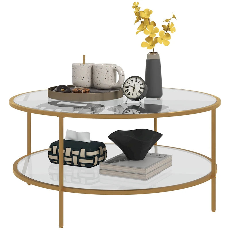 Beistelltisch mit Stauraum, runder Beistelltisch, 36 cm, Couchtisch aus gehärtetem Glas mit 2 Ablagen und Stahlrahmen für das Wohnzimmer, Gold