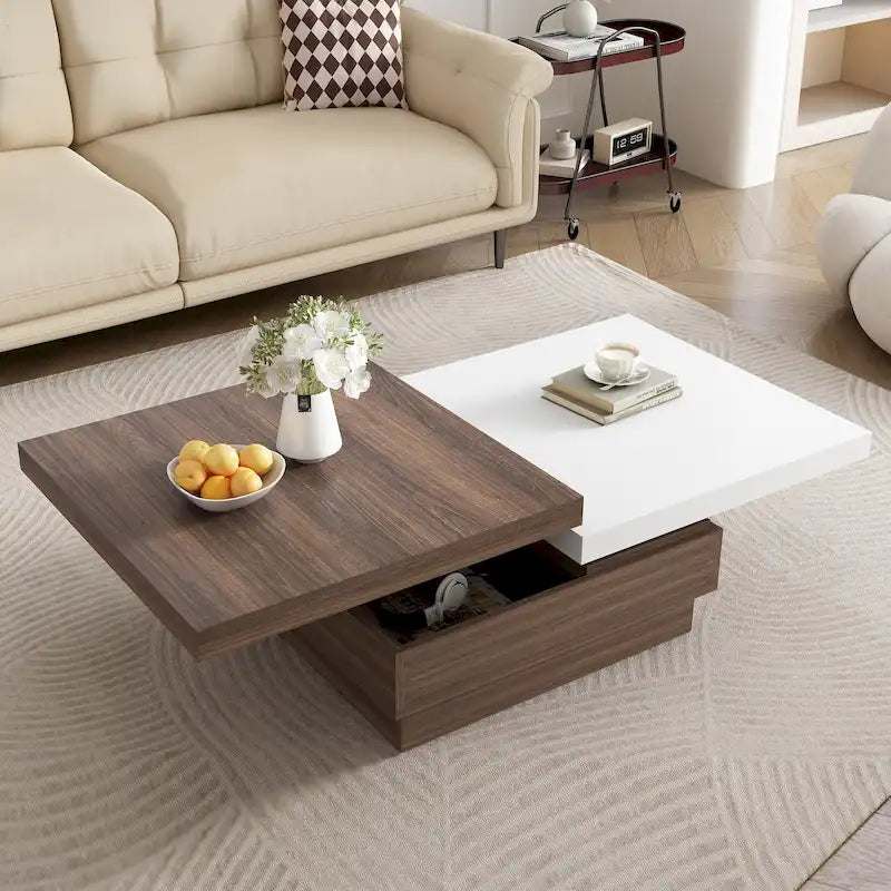 Drehbarer Couchtisch, moderner quadratischer Couchtisch mit Holzmaserung und 1 verstecktem Stauraum für das Wohnzimmer