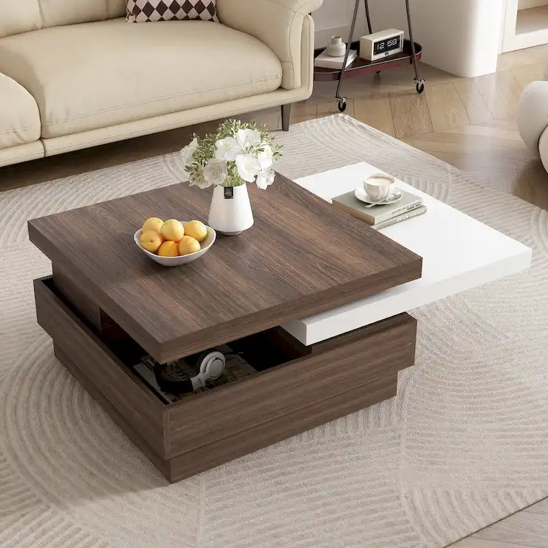 Drehbarer Couchtisch, moderner quadratischer Couchtisch mit Holzmaserung und 1 verstecktem Stauraum für das Wohnzimmer