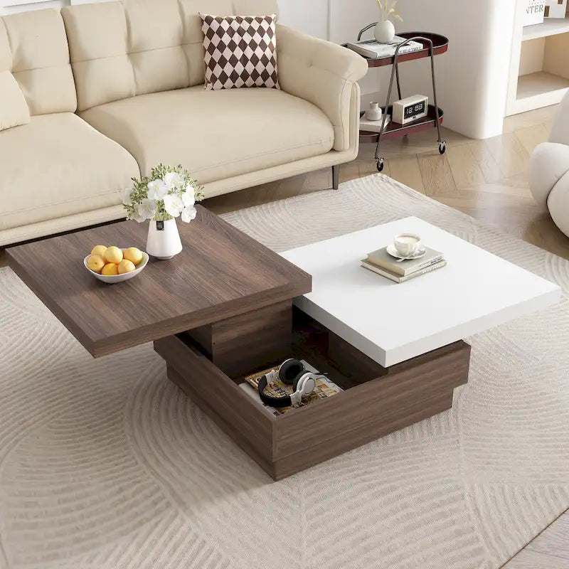 Drehbarer Couchtisch, moderner quadratischer Couchtisch mit Holzmaserung und 1 verstecktem Stauraum für das Wohnzimmer