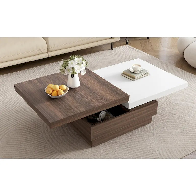 Drehbarer Couchtisch, moderner quadratischer Couchtisch mit Holzmaserung und 1 verstecktem Stauraum für das Wohnzimmer