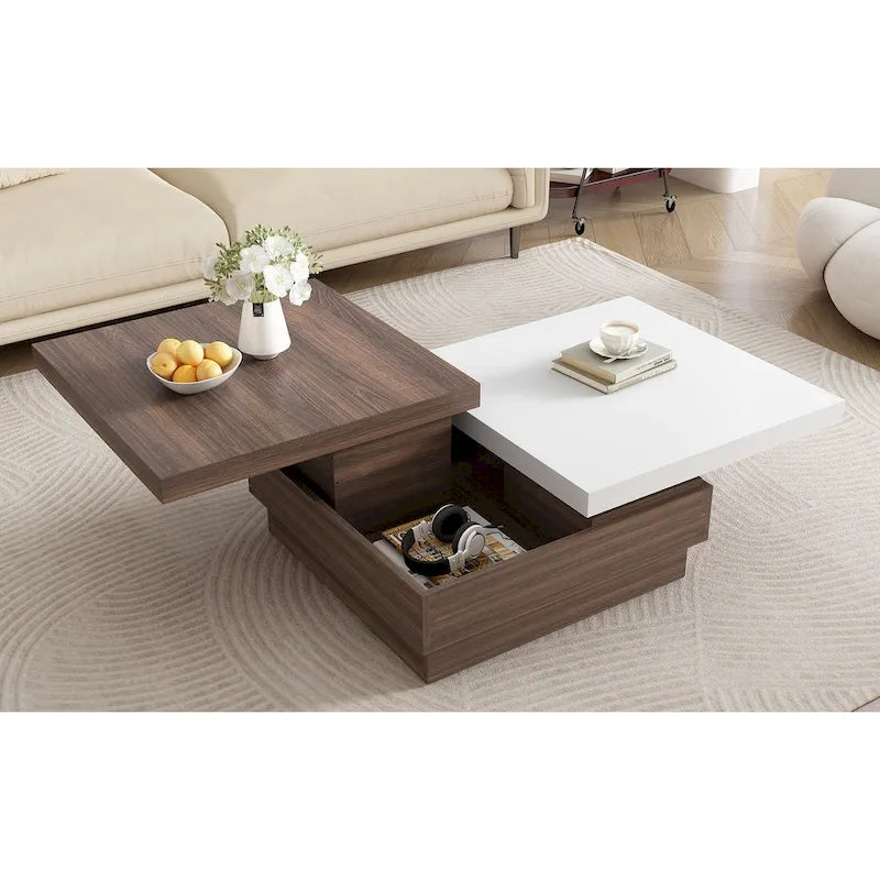 Drehbarer Couchtisch, moderner quadratischer Couchtisch mit Holzmaserung und 1 verstecktem Stauraum für das Wohnzimmer