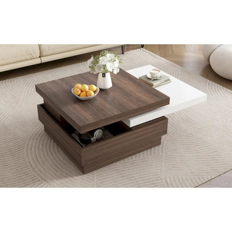 Drehbarer Couchtisch, moderner quadratischer Couchtisch mit Holzmaserung und 1 verstecktem Stauraum für das Wohnzimmer
