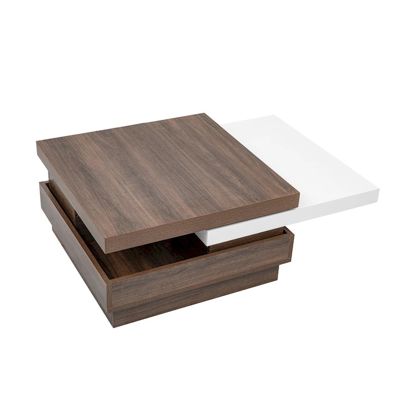 Drehbarer Couchtisch, moderner quadratischer Couchtisch mit Holzmaserung und 1 verstecktem Stauraum für das Wohnzimmer