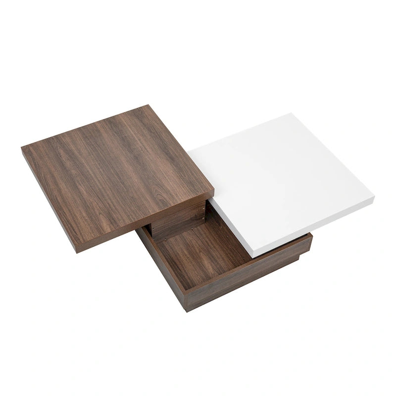 Drehbarer Couchtisch, moderner quadratischer Couchtisch mit Holzmaserung und 1 verstecktem Stauraum für das Wohnzimmer