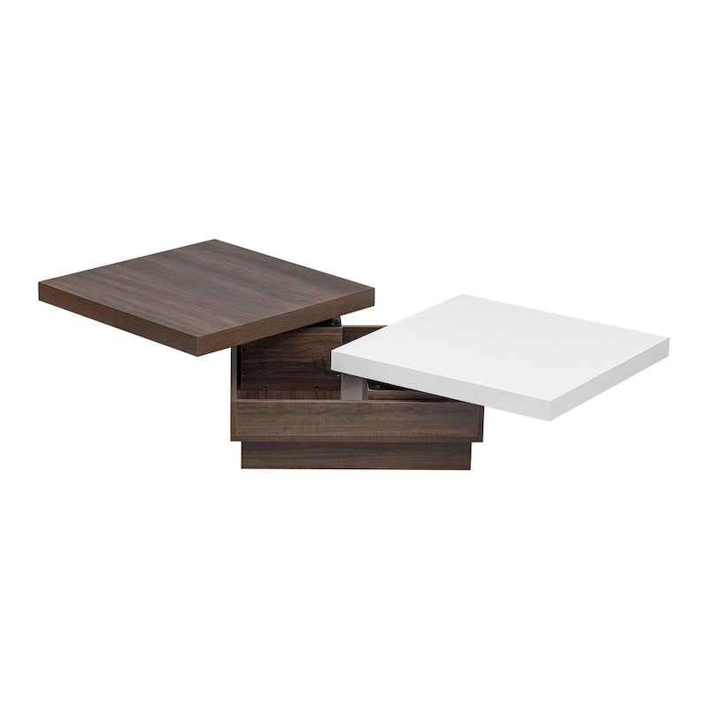 Drehbarer Couchtisch, moderner quadratischer Couchtisch mit Holzmaserung und 1 verstecktem Stauraum für das Wohnzimmer