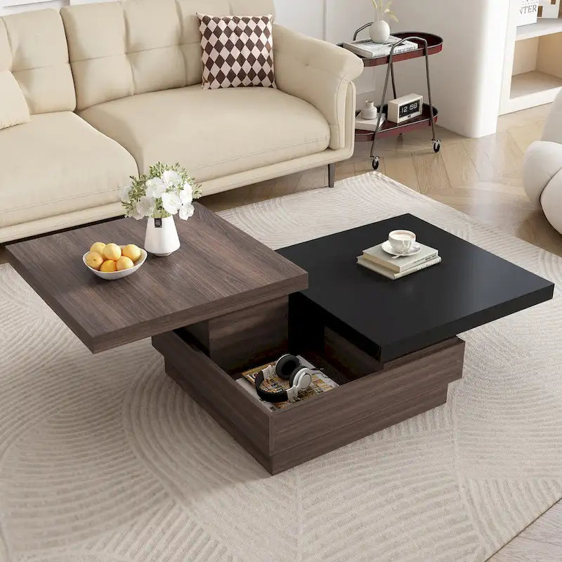 Drehbarer Couchtisch, moderner quadratischer Couchtisch mit Holzmaserung und 1 verstecktem Stauraum für das Wohnzimmer