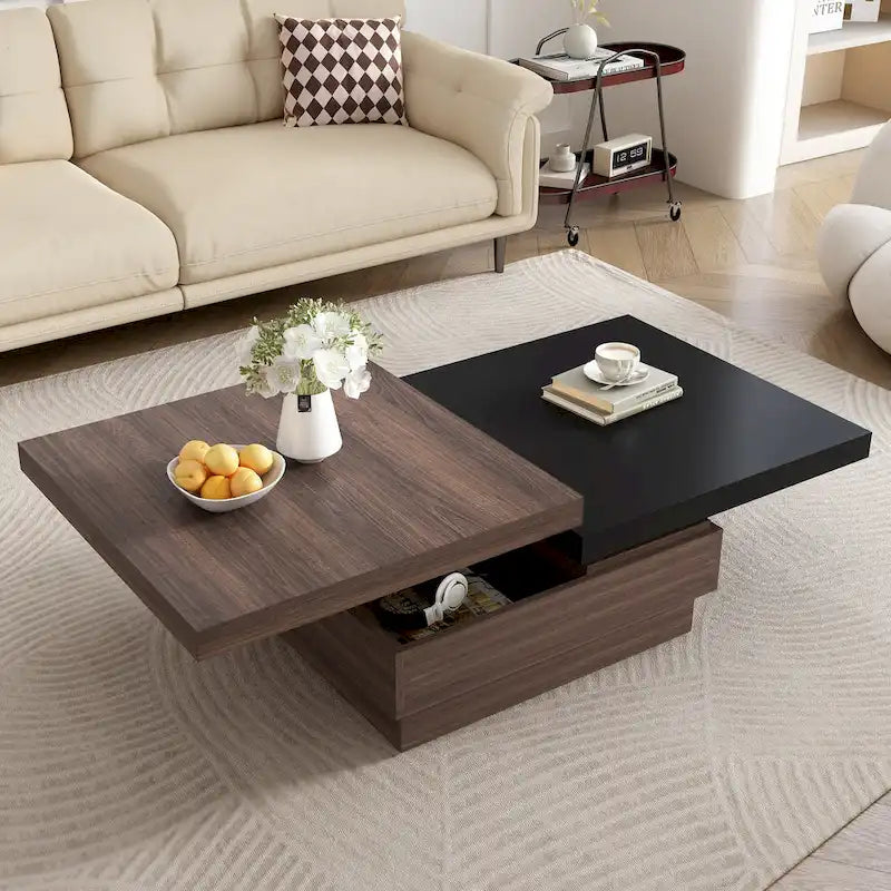 Drehbarer Couchtisch, moderner quadratischer Couchtisch mit Holzmaserung und 1 verstecktem Stauraum für das Wohnzimmer