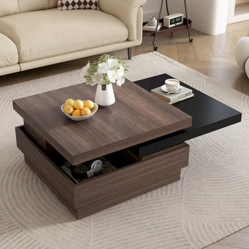 Drehbarer Couchtisch, moderner quadratischer Couchtisch mit Holzmaserung und 1 verstecktem Stauraum für das Wohnzimmer