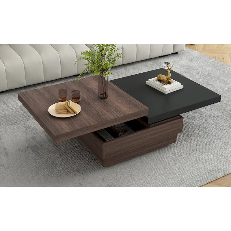 Drehbarer Couchtisch, moderner quadratischer Couchtisch mit Holzmaserung und 1 verstecktem Stauraum für das Wohnzimmer