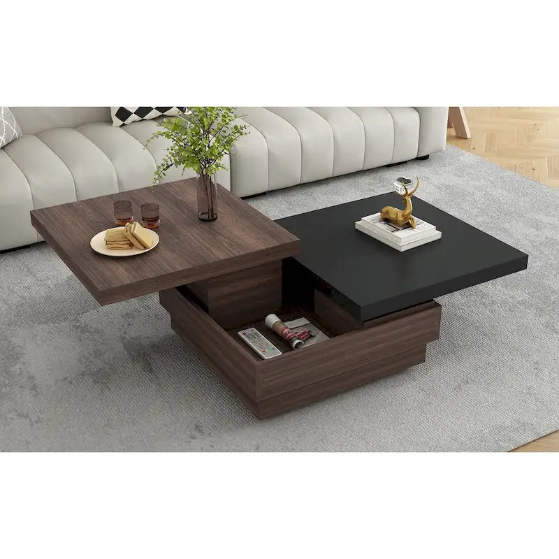 Drehbarer Couchtisch, moderner quadratischer Couchtisch mit Holzmaserung und 1 verstecktem Stauraum für das Wohnzimmer