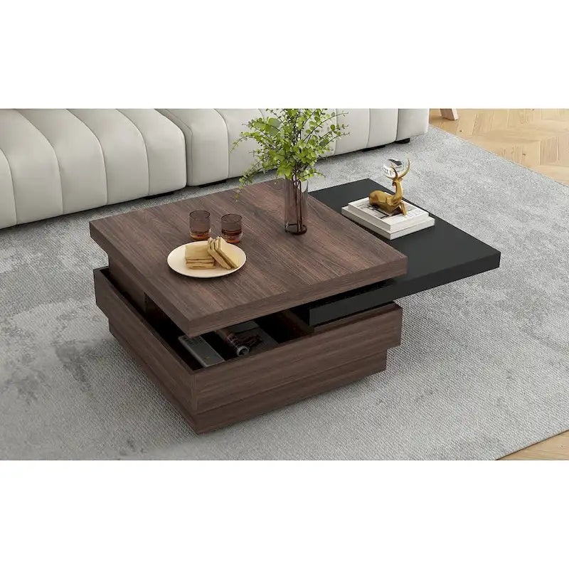 Drehbarer Couchtisch, moderner quadratischer Couchtisch mit Holzmaserung und 1 verstecktem Stauraum für das Wohnzimmer