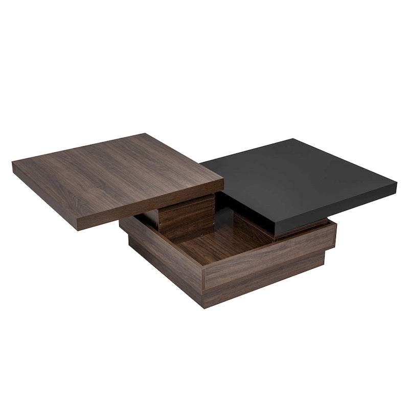 Drehbarer Couchtisch, moderner quadratischer Couchtisch mit Holzmaserung und 1 verstecktem Stauraum für das Wohnzimmer
