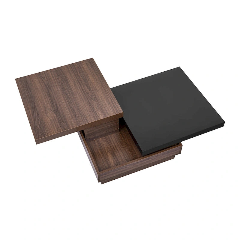 Drehbarer Couchtisch, moderner quadratischer Couchtisch mit Holzmaserung und 1 verstecktem Stauraum für das Wohnzimmer